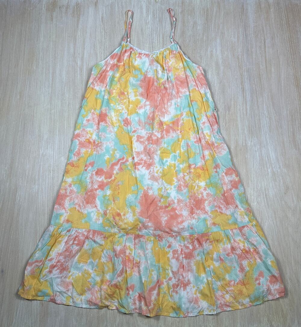 NWT Francesca's Blue Rain Boho Sunset Tie Dye Tiered Whimsical Midi Dress Medium